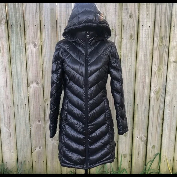 Calvin Klein Hooded Long Black Lightweight Packable Quilted Chevron Puffer  Coat